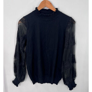 Molly Bracken Viscose Blend Gathered Neck Textured Lace Sleeves Top Black Medium